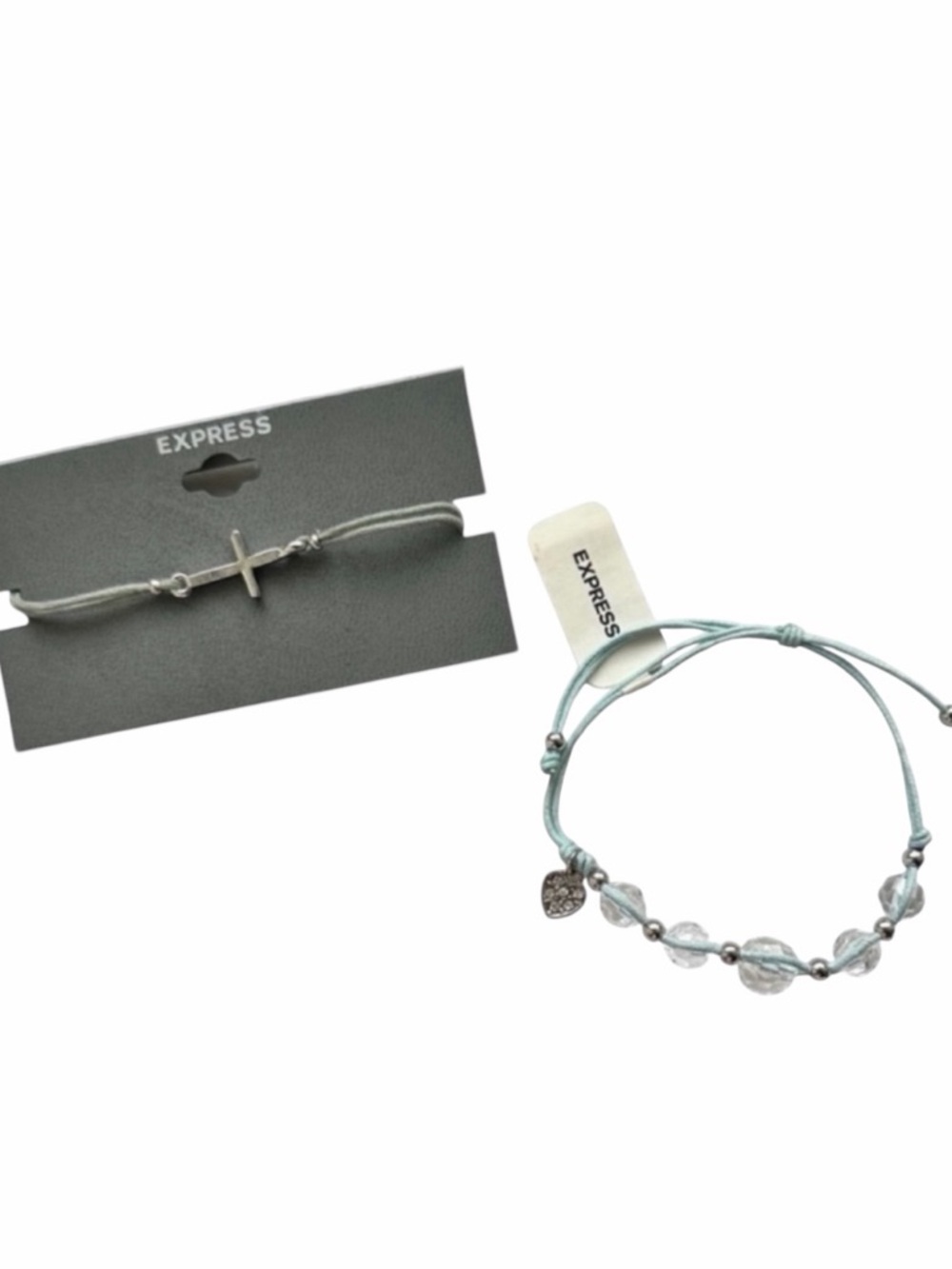 Set of 2 Express Pull Cord Charm Bracelets with Silver Cross and Heart Charms